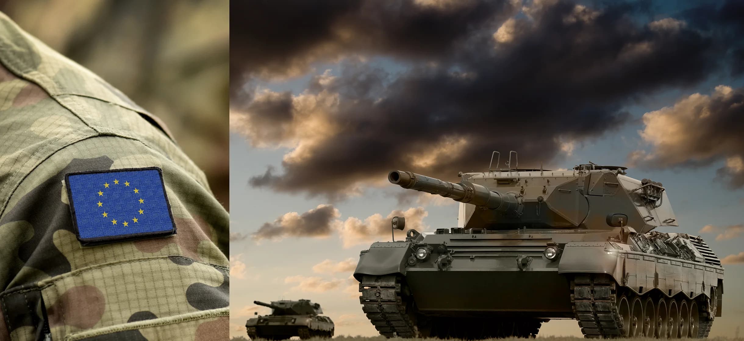 En Eu-flagga på en soldat och en pansarvagn på fältet