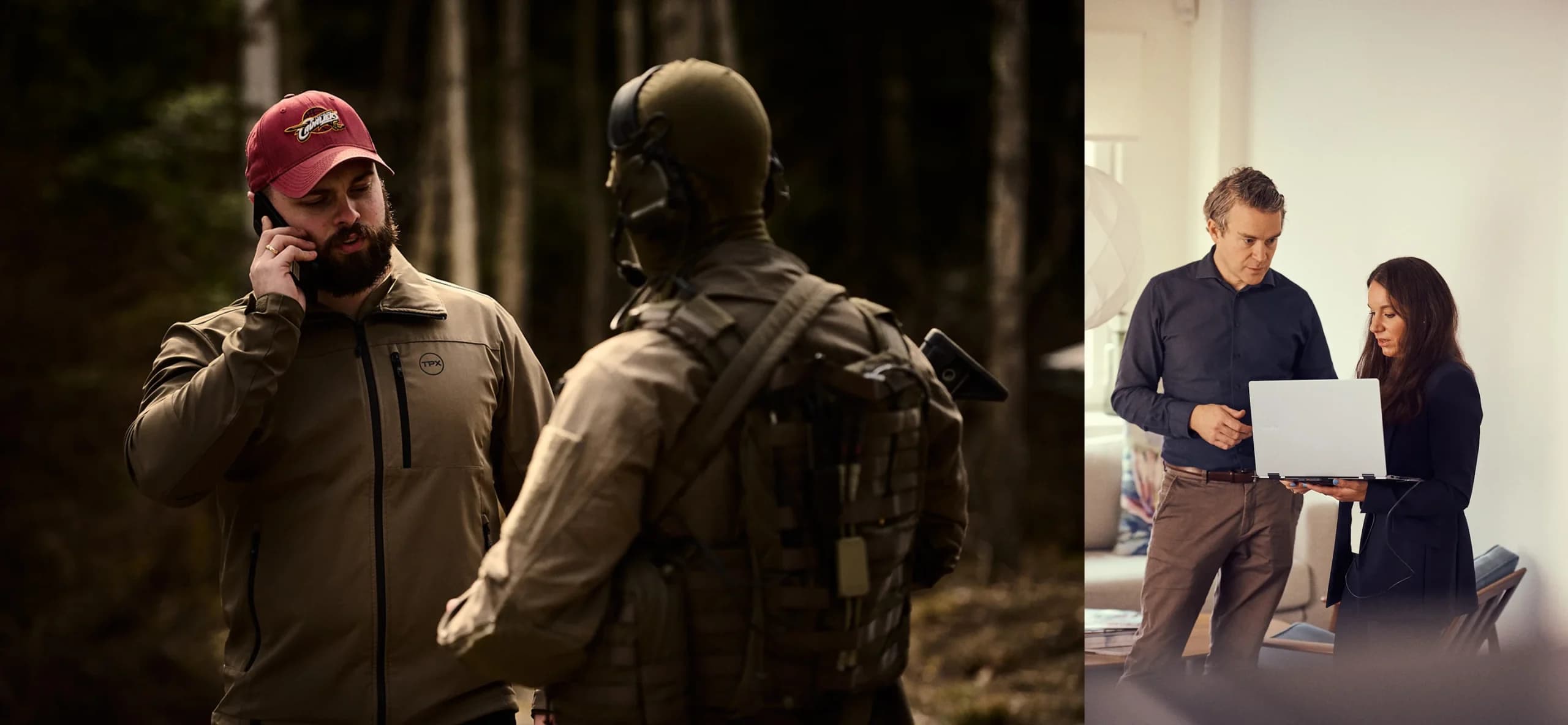 Ett bildmontage, två soldater och två kontorsarbetare