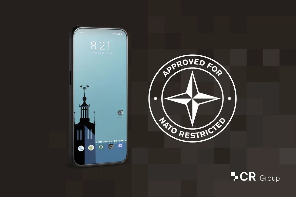 Tutus Färist Mobile smartphone next to an "Approved for NATO Restricted" seal, by CR Group